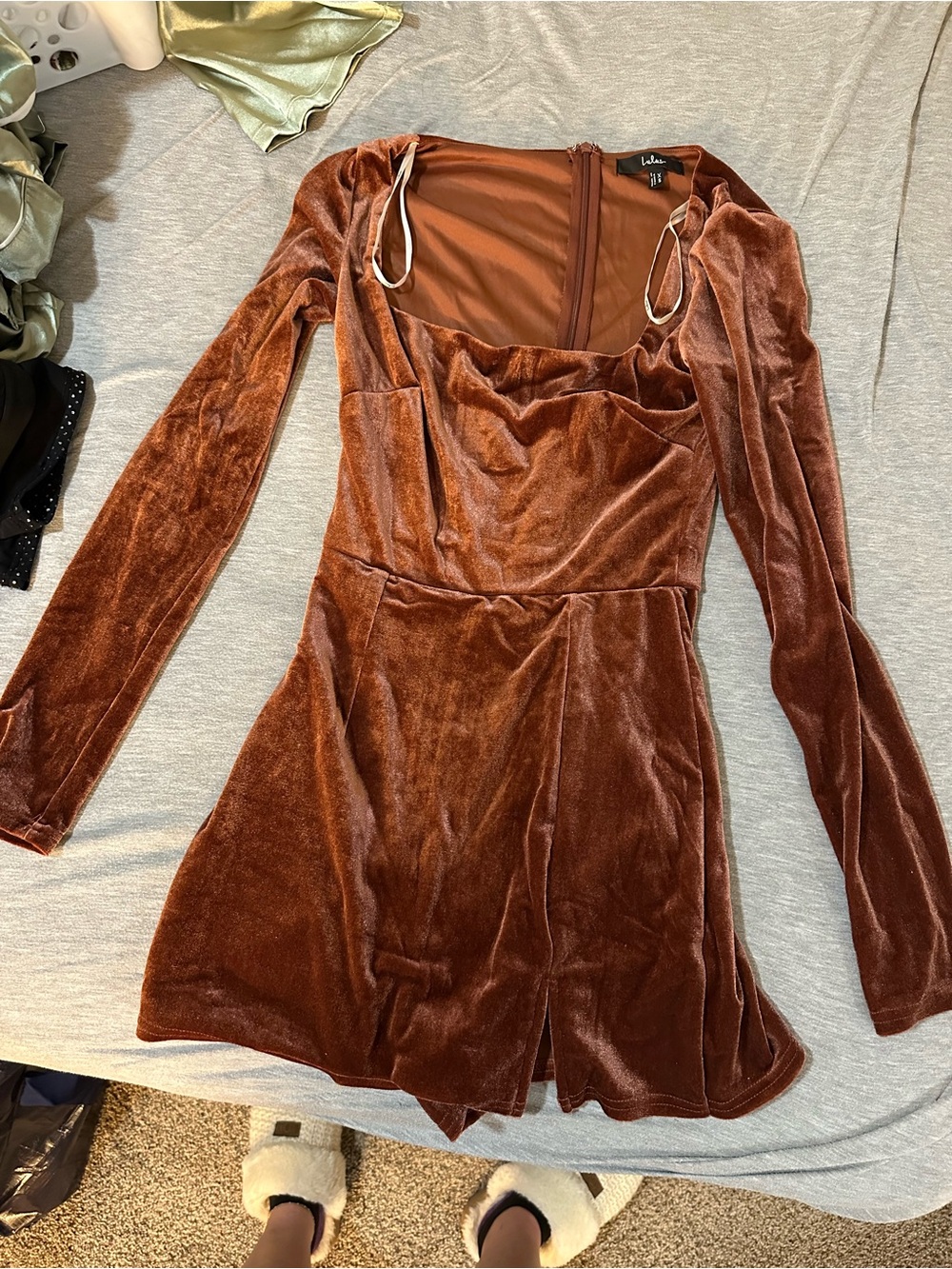 Lulu's Rust Brown Velvet Long-Sleeve Romper Dress